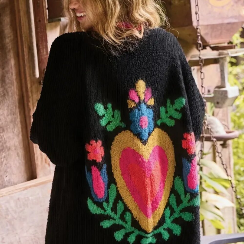 Colorful Heart Patterned Black Cardigan